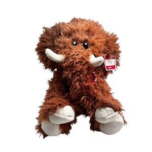 HugFun 16" Shaggy Brown Wooly Mammoth Elephant Tusks Red Scarf Plush Stuffed Toy
